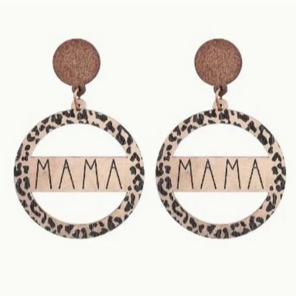 Mama Leopard Print Wooden Circle Dangle Earrings NEW - Picture 1 of 1